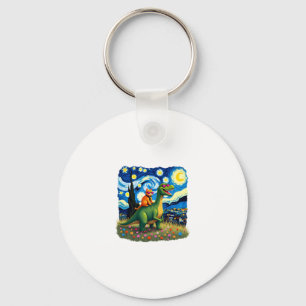 Cat Riding Dinosaur T-Rex Starry Night Cat Lover ( Key Ring