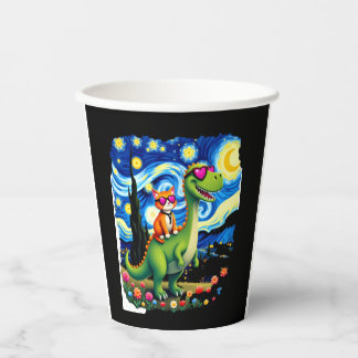 Cat Riding Dinosaur T-Rex Starry Night Cat Lover ( Paper Cups