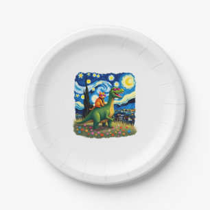 Cat Riding Dinosaur T-Rex Starry Night Cat Lover ( Paper Plate
