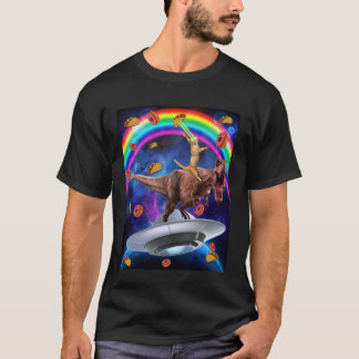 Cat Riding Dinosaur Trex UFO Taco Donuts in Galaxy T-Shirt