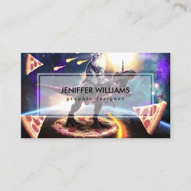 Cat riding dinosaur unicorn in space               business card (Front)