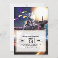 Cat riding dinosaur unicorn in space