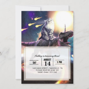 Cat riding dinosaur unicorn in space              Invitation