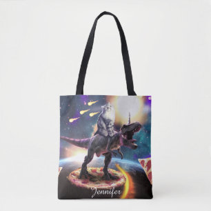 Cat riding dinosaur unicorn in space               tote bag