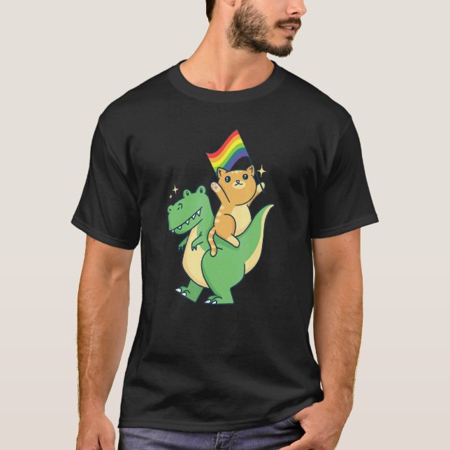 Cat Riding Dinosaur With Pride Flag Rainbow LGBTQ  T-Shirt (Front)
