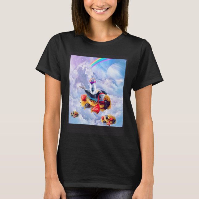 Cat Riding Dolphin On Clouds And Waffles T-Shirt (Front)