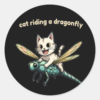 Cat Riding Dragonfly Cat Art Gift for Cat Lovers Classic Round Sticker