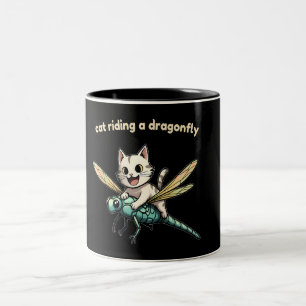 Cat Riding Dragonfly Cat Art Gift for Cat Lovers Two-Tone Coffee Mug
