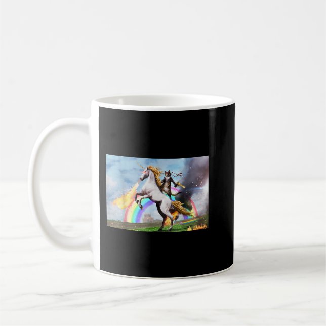 Cat Riding Fire Breathing Unicorn Meme  Coffee Mug (Left)