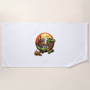 Cat Riding Horror T-rex As Zombie Halloween Kids T Beach Towel