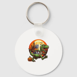 Cat Riding Horror T-rex As Zombie Halloween Kids T Key Ring