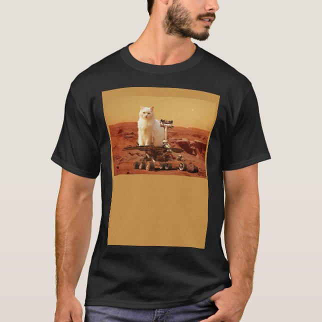Cat Riding Mars Rover on Foreign Landscape T-Shirt (Front)