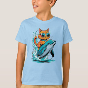 Cat riding on the back of a friendly porpoise! T-Shirt