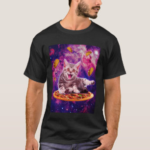 Cat Riding Pizza in Space Galaxy Taco Kitten Cats T-Shirt