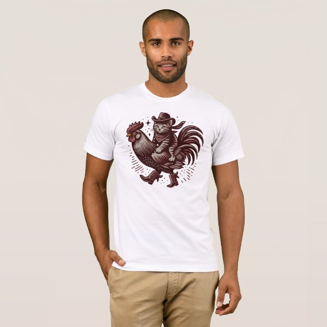 Cat Riding Rooster  T-Shirt (Front Full)