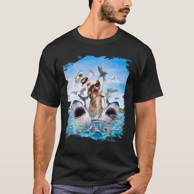 Cat Riding Shark Beach Ocean Cats Sharks Sunglasse T-Shirt (Front)