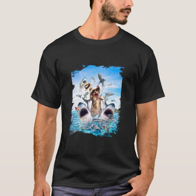 Cat Riding Shark Beach Ocean Cats Sharks Sunglasse T-Shirt (Front)
