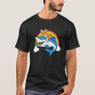 Cat Riding Shark Eating Pickle With Rainbow For Ca T-Shirt