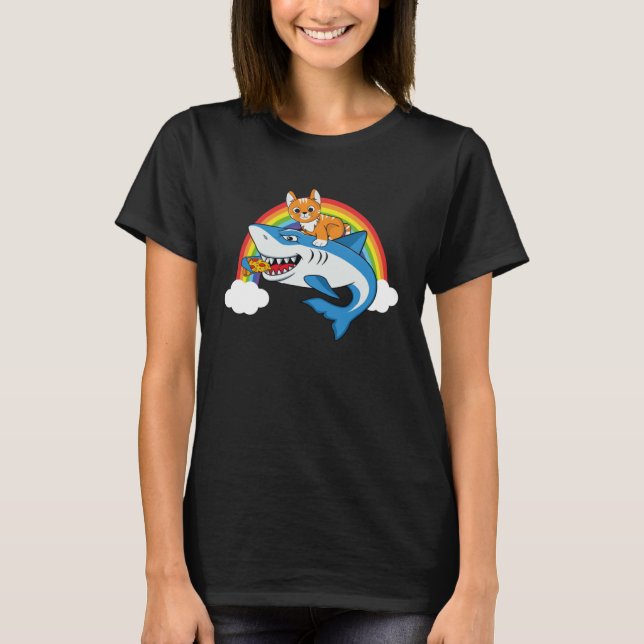 Cat Riding Shark Eating Pizza With Rainbow For Piz T-Shirt (Front)