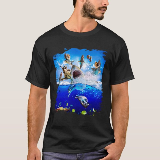 Cat riding shark in the ocean on the beach T-Shirt (Front)