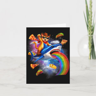 Cat riding shark rainbow pizza taco galaxy retro card