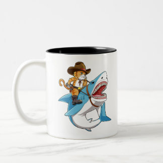 Cat Riding Shark Two-Tone Coffee Mug