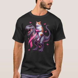 Cat Riding T Rex Dinosaur. Breast Cancer Awareness T-Shirt