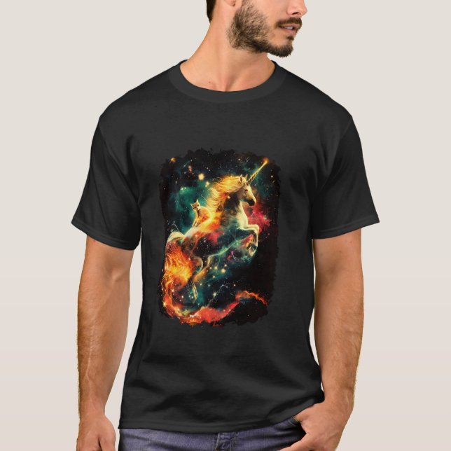 Cat Riding Unicorn Funny Galaxy T-Shirt (Front)