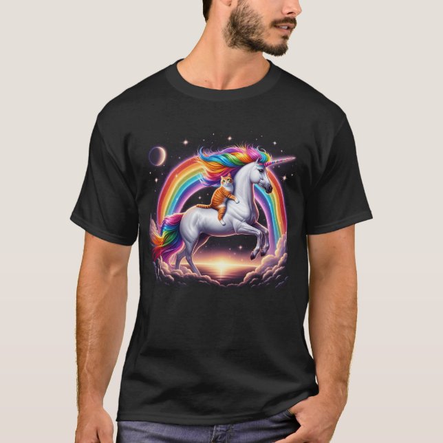 Cat Riding Unicorn Galaxy Rainbow Kitten Lover T-Shirt (Front)