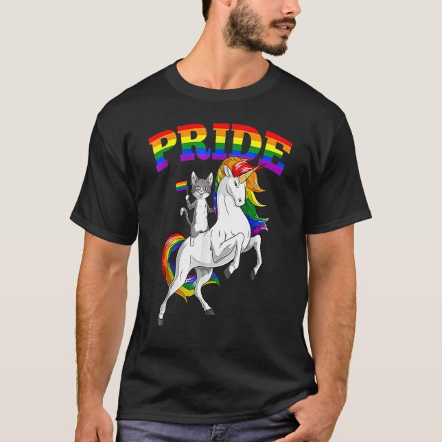 Cat Riding Unicorn Gay Pride Rainbow Lgbtq T-Shirt (Front)