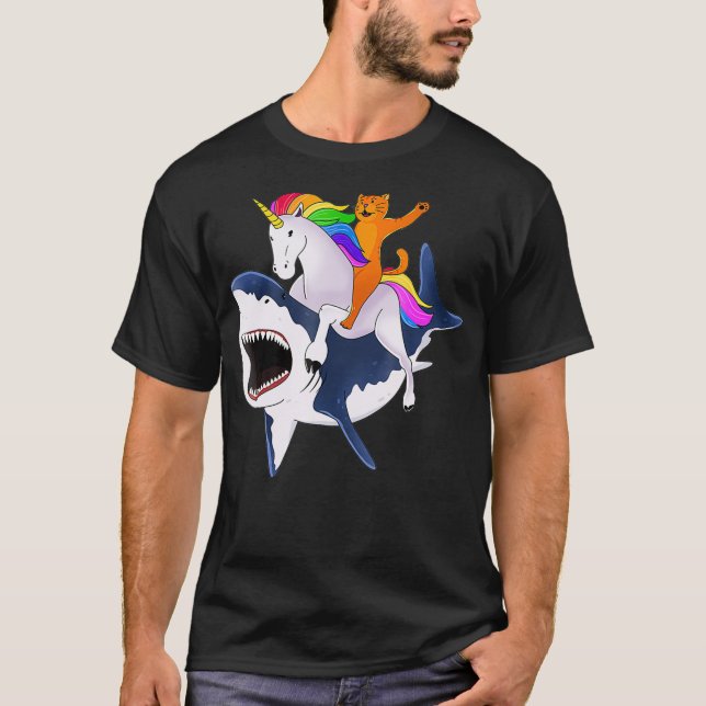 Cat Riding Unicorn Riding Shark Gift  T-Shirt (Front)