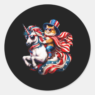 Cat Riding Unicorn Usa Flag Patriotic 4th Of July Classic Round Sticker