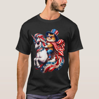 Cat Riding Unicorn Usa Flag Patriotic 4Th Of July T-Shirt