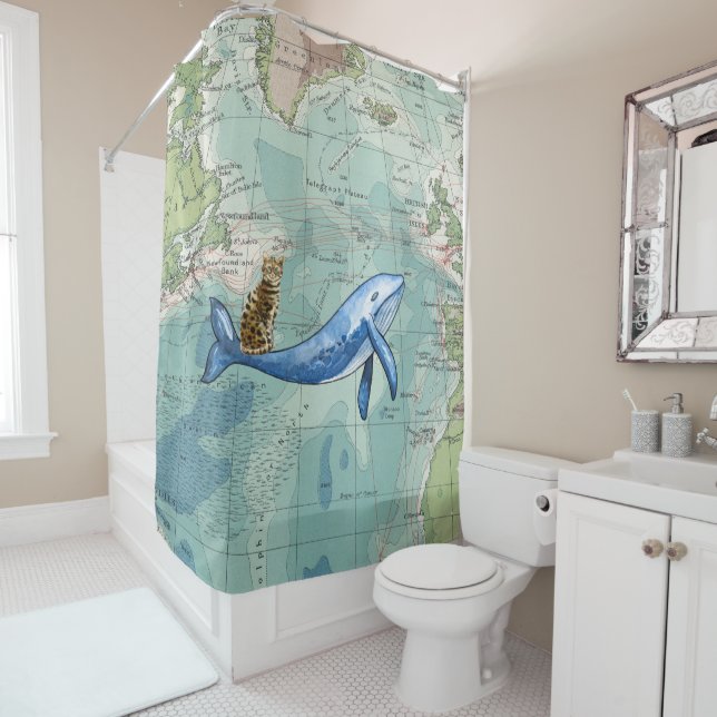 Cat Riding Whale Shower Curtain (In Situ)