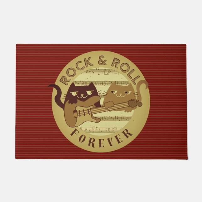 Cat Rock Music Electric Guitar Golden Stripes Chic Doormat (Front)