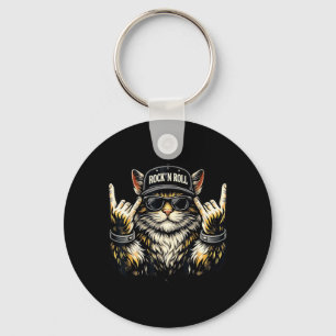 Cat Rock On Music Heavy Metal Funny for Men Women Key Ring