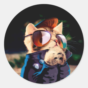 Cat rocker dressed up in leather jacket classic round sticker
