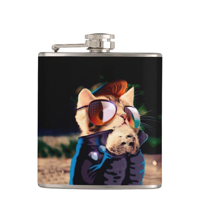 Cat rocker dressed up in leather jacket hip flask (Front)