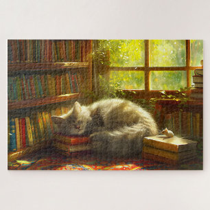 Cat’s Cosy Library Siesta Gift for Cat Lover  Jigsaw Puzzle