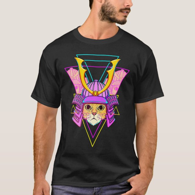 Cat Samurai Japanese Vaporwave Aesthetic T-Shirt (Front)