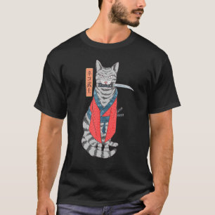 Cat Samurai Katana Sword And Japanese Kanji T-Shirt
