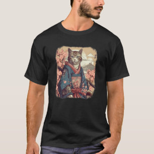 Cat samurai ninja warrior flowers, moon, Japanese T-Shirt