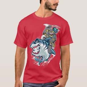 Cat Samurai Riding On Shark Workmanship Japanese  T-Shirt