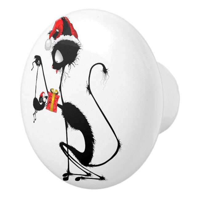 Cat Santa and Mouse with Christmas Gift  Ceramic Knob (Right)