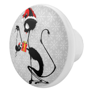 Cat Santa and Mouse with Christmas Gift Ceramic Knob