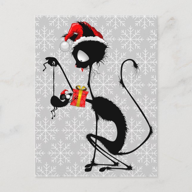 Cat Santa and Mouse with Christmas Gift  Postcard (Front)