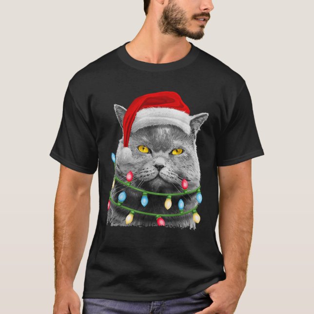 Cat Santa Christmas Tree Lights Xmas Girls Boys Me T-Shirt (Front)