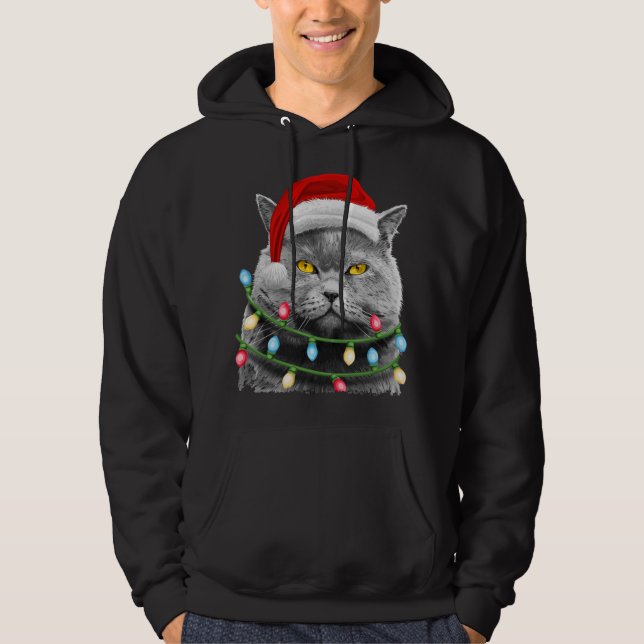 Cat Santa Christmas Tree Lights Xmas Meowy Catmas Hoodie (Front)