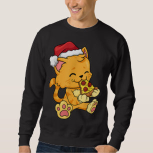Cat Santa Claus Hat Eating Pizza Funny Christmas X Sweatshirt