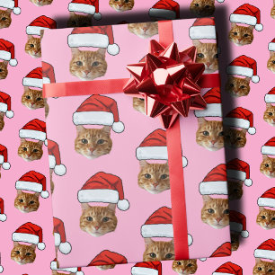 Cat Santa Hat Custom Face Photo Pink Christmas Wrapping Paper